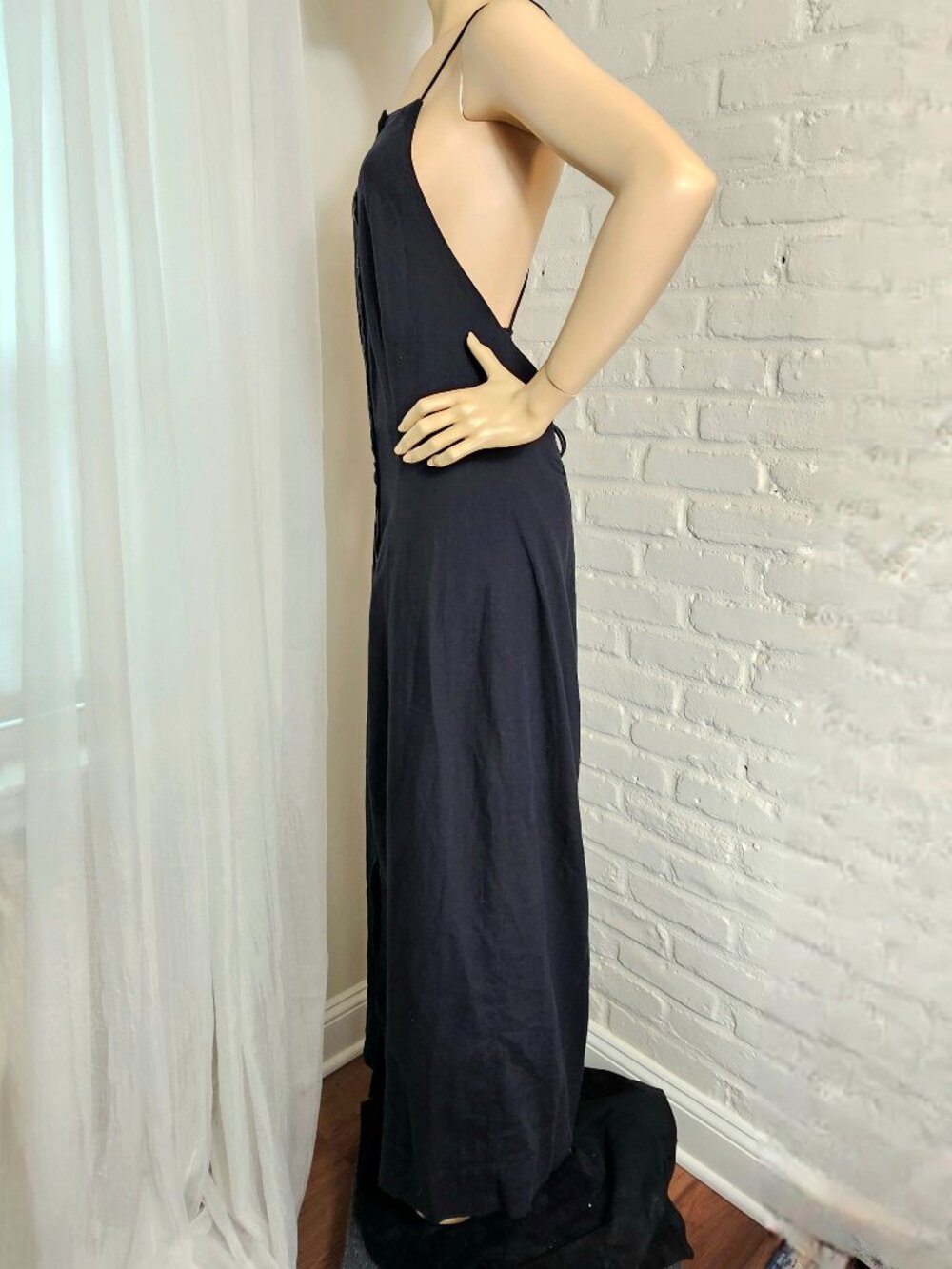 Free People Black Linen Button Front Maxi Dress Size L NWT Crossback - Picture 8 of 13